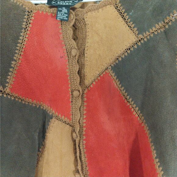 SELENE! GENUINE SUEDE LEATHER! RED, AMBER & BROWN PATCHWORK SKIRT SET! SZ 2X - Picture 10 of 12